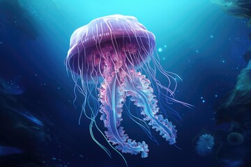 This stunning painting showcases a realistic portrayal of a jellyfish gracefully navigating through the vibrant depths of the ocean, Jellyfish in the deep blue ocean, 3D illustration, AI Generated - obrazy, fototapety, plakaty