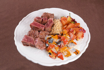 plate of food with healthy food rice salad and beef