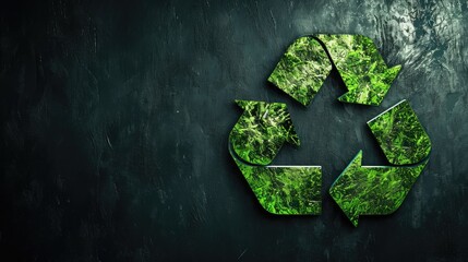 Recycle symbol on a black background with free place for text. Eco concept of reduce, reuse, recycling, save the planet, environmental preservation