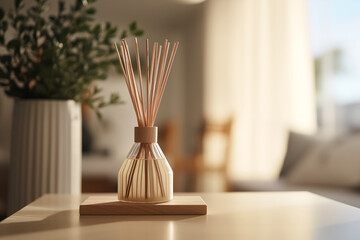 Fototapeta premium A scent diffuser bottle with flowers. Home fragrance in the form of aromatic perfume. Beige color scheme. Modern interior on blurred background