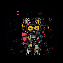 a cartoon cat with colorful objects on a black background