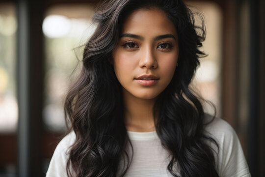 Young woman portrait, black hair light background	