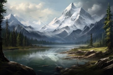 A breathtaking painting capturing the serene beauty of a mountain range with a tranquil lake in the...