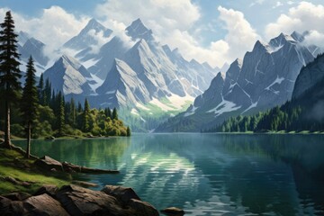 A serene painting of a mountain lake embraced by tall pine trees, capturing the beauty of nature, lake and mountains, AI Generated