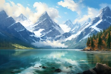 A breathtaking painting capturing the serene beauty of a mountain lake nestled among lush trees, lake and mountains, AI Generated