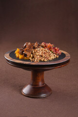 plate of food with healthy food rice salad and beef