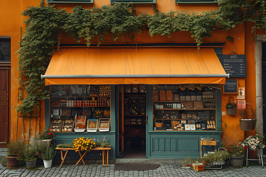 A typical European store facade with old village boutique awnings and vintage commercial buildings in warm tones