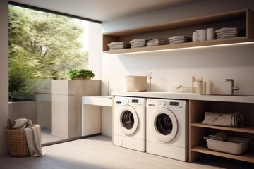 A washer and dryer are conveniently placed in a room near a window, providing an efficient laundry solution, laundry area home interior design clean and clear empty space, AI Generated - Powered by Adobe