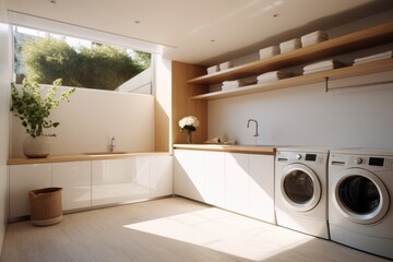 This image showcases a washer and dryer unit efficiently placed in a small room, providing a space-saving laundry solution, laundry area home interior design clean and clear empty space, AI Generated