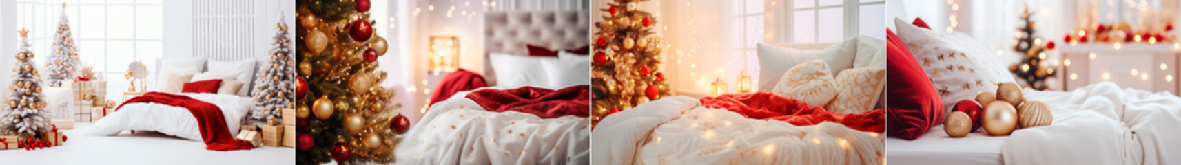 Fototapeta na wymiar Create a festive Christmas atmosphere with a red, gold and white tree. Decorate your bedroom with cozy white decorations and fluffy white linens. Complete the look with beautifully wrapped gifts.