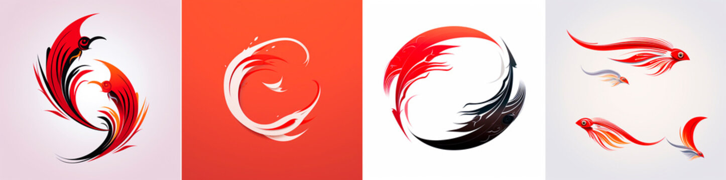 Simple logo design with fish tail and duck feathers. Red fish tail. Trout tail and flounder tail are included in the design. The two-dimensional design creates a clean and minimalistic look.