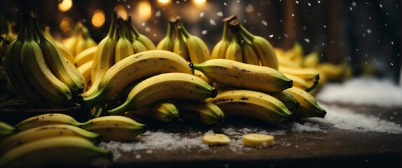 Bananas on a wooden table. Bunch of bananas on a dark background.