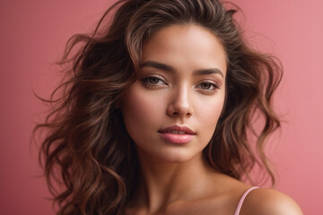 Young woman portrait, brown hair and pink background	