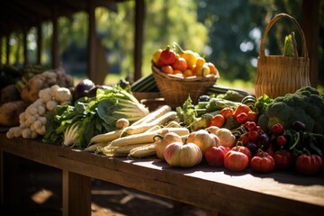Assorted vegetables of different types showcased on a rustic wooden table, Local Produce at a Farmer's Harvest Festival, AI Generated - Powered by Adobe