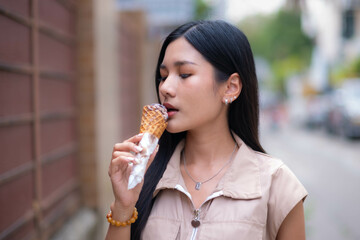 Teenage girl dressed in vintage clothes I'm about to eat delicious ice cream. that looks cute and adorable