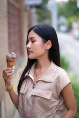 Teenage girl dressed in vintage clothes I'm about to eat delicious ice cream. that looks cute and adorable