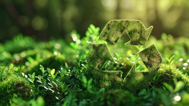 Recycle symbol on a green background among the plants. Eco concept of reduce, reuse, recycling, save the planet, environmental preservation