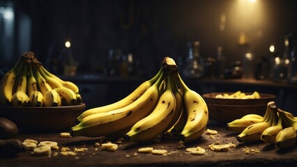 Bananas on a wooden table in a dark room. Dark background - obrazy, fototapety, plakaty
