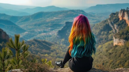 Naklejka premium Woman with vibrantly colored hair sitting on a cliff generative ai
