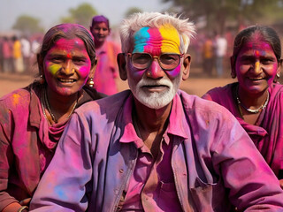Portrait of Indian people at the Holi Festival of Colors, Happy men and women at the traditional Indian Holi festival