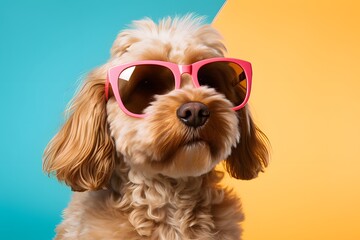 Cute funny dog wearing sunglasses on color background.