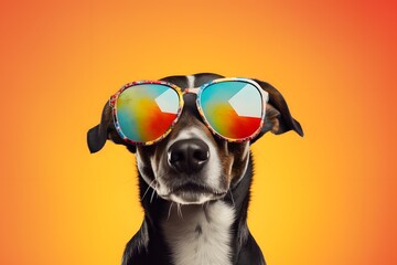 Cute funny dog wearing sunglasses on color background.