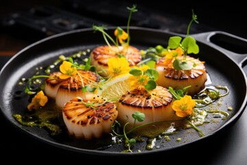 A pan filled with sea scallops and vibrant yellow flowers placed on a wooden table, Grilled scallops served with buttercups on a black plate, AI Generated