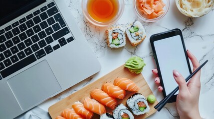 Flat lay of asian sushi set with laptop and female hand holding chopsticks and blank screen mobile phone. Healthy meal at work food delivery concept.   