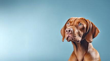 Lovely Vizsla dog looking at a blank space on a blue background. copy space - obrazy, fototapety, plakaty
