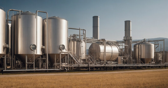 A modern brewery or distillery with stainless steel tanks and machinery, showcasing the industrial process of craft beer production.