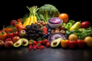 Assorted Fruits and Vegetables Piled on Table, Healthy food selection presented with an array of fruits, vegetables, berries, and superfoods, AI Generated