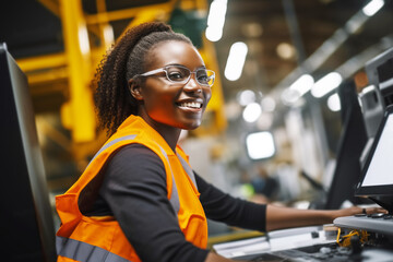 Smiling African American female industrial worker in safety gear operating machinery in a manufacturing plant