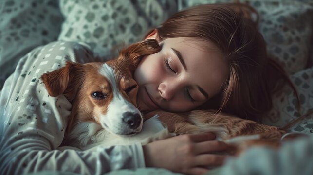 Girl And Her Pet Dog Hugging In The Bed.   