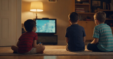 Happy family night watching animated movies at home. Children with 3D glasses enjoy a digital...