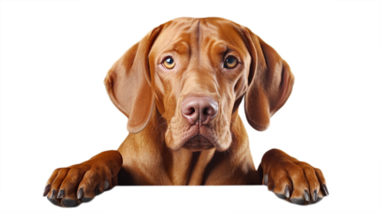 Vizsla dog on a transparent background. Cute dog waiting for food or watching something.
