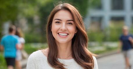 A happy young woman with braces smiles joyfully in an urban setting. The cheerful portrait reflects dental care and orthodontics, blending beauty and health in a city park. - obrazy, fototapety, plakaty