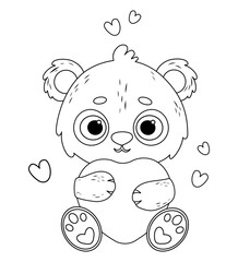 Cute enamored polar bear with heart. Funny animal character in love. Holiday Valentine. Vector illustration. Line drawing, coloring book. Kids collection.