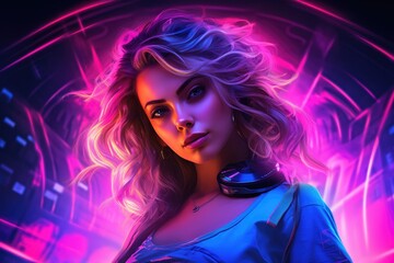 A woman wearing a blue dress enjoys her music as she listens through her headphones, Hot girl DJ in neon lights, Poster of a sexy DJ at the night club party, AI Generated