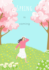 Spring flyer with beautiful flowers. A girl runs through a flower field, sakura blossom. Vector illustration of spring background. 

