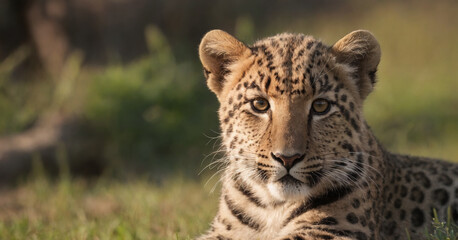 Obraz premium Adorable leopard cub in the African wilderness, showcasing its cute and furry demeanor. A portrait of a young predator, a spotted feline in its natural habitat.