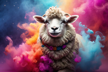 sheep with colorful smoke - obrazy, fototapety, plakaty
