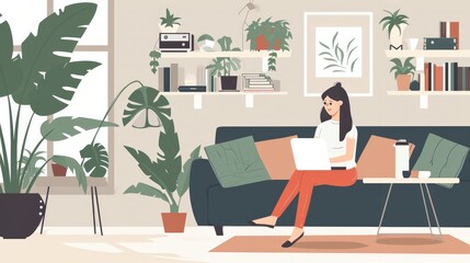 People, Technology, Remote, Distance Work, Workplace, Digital Nomad Concept. Woman With Laptop At Home.    