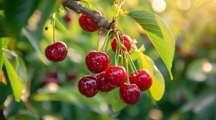 Ripe cherries hanging on a branch of a cherry tree. Cherry harvest in organic cherry orchard on a summer afternoon     - obrazy, fototapety, plakaty