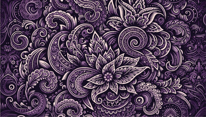 purple batik pattern with flowers - obrazy, fototapety, plakaty