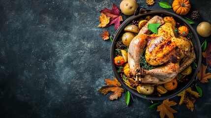 Obraz na płótnie Canvas Roasted whole chicken or turkey with pumpkins, pepper and potatoes. With colorful mini pumpkins, autumn leafs and chestnuts served around aged stone dark rustic background, frame. Thanksgiving Day 