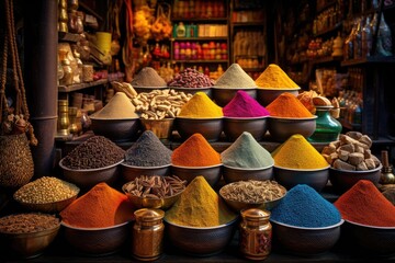 Assortment of Colorful Spices in Bowls, Immerse in an exotic spice bazaar, with colorful sacks and jars showcasing a diverse array of global flavors in a vibrant market setting, AI Generated