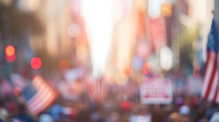 Blurred street background with a crowd at a political rally with signs and US flags.