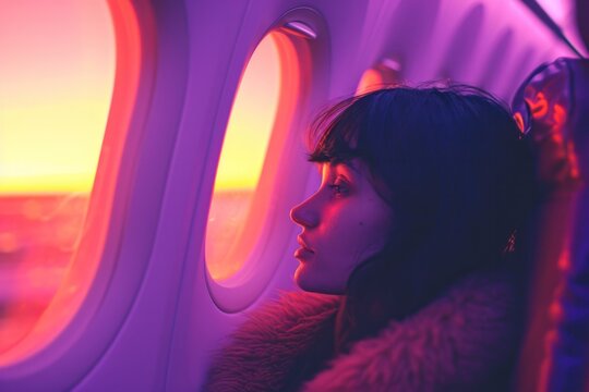 a plane flying past a girl, in the style of pop inspo