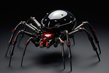 Fototapeta premium A striking image featuring a massive spider proudly sporting a helmet on its head, showcasing its unique appearance, Genetically modified robotic black widow spider, AI Generated