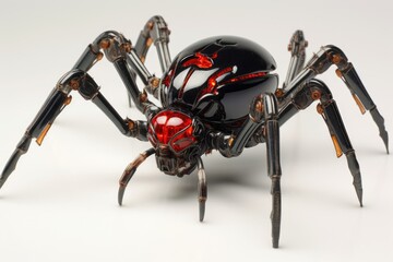 Fototapeta premium A menacing black spider with vibrant red eyes and sharp claws ready to strike, Genetically modified robotic black widow spider, AI Generated